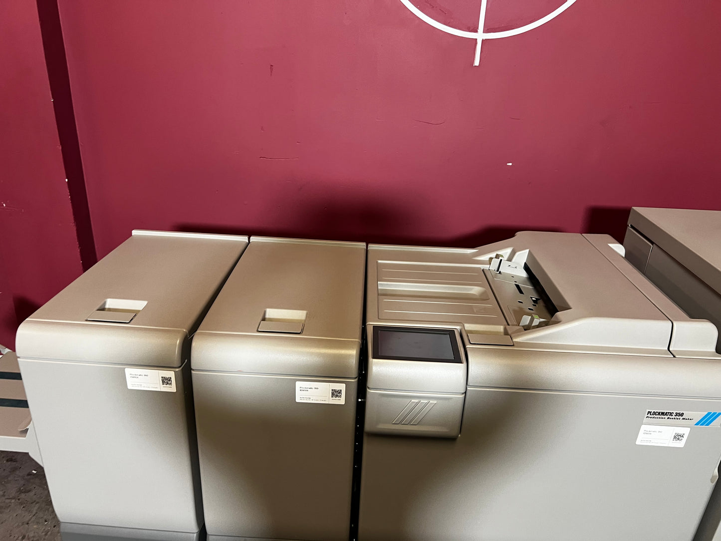 Used Plockmatic 350 70k meter booklet maker showing stitching area and control panel – AA&D PressExchange
