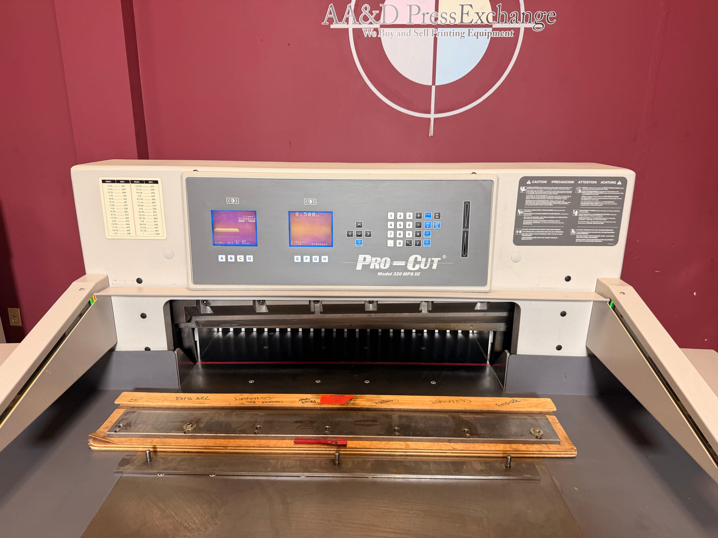 Used Pro-Cut 320 MPS III programmable cutter for sale showing touchscreen interface