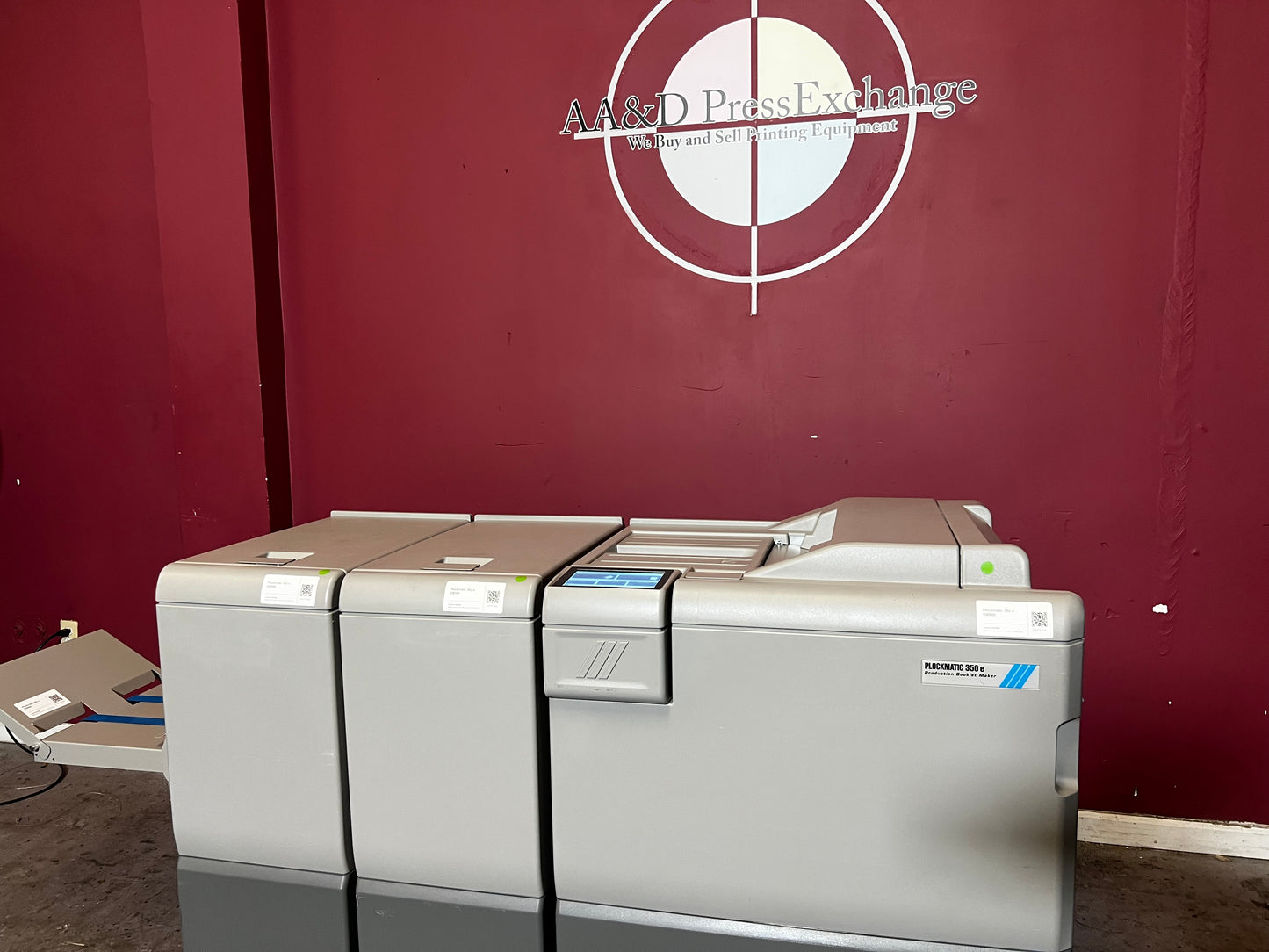 Used Plockmatic 350e 31k Meter booklet maker showing modular connections for inline production – AA&D PressExchange