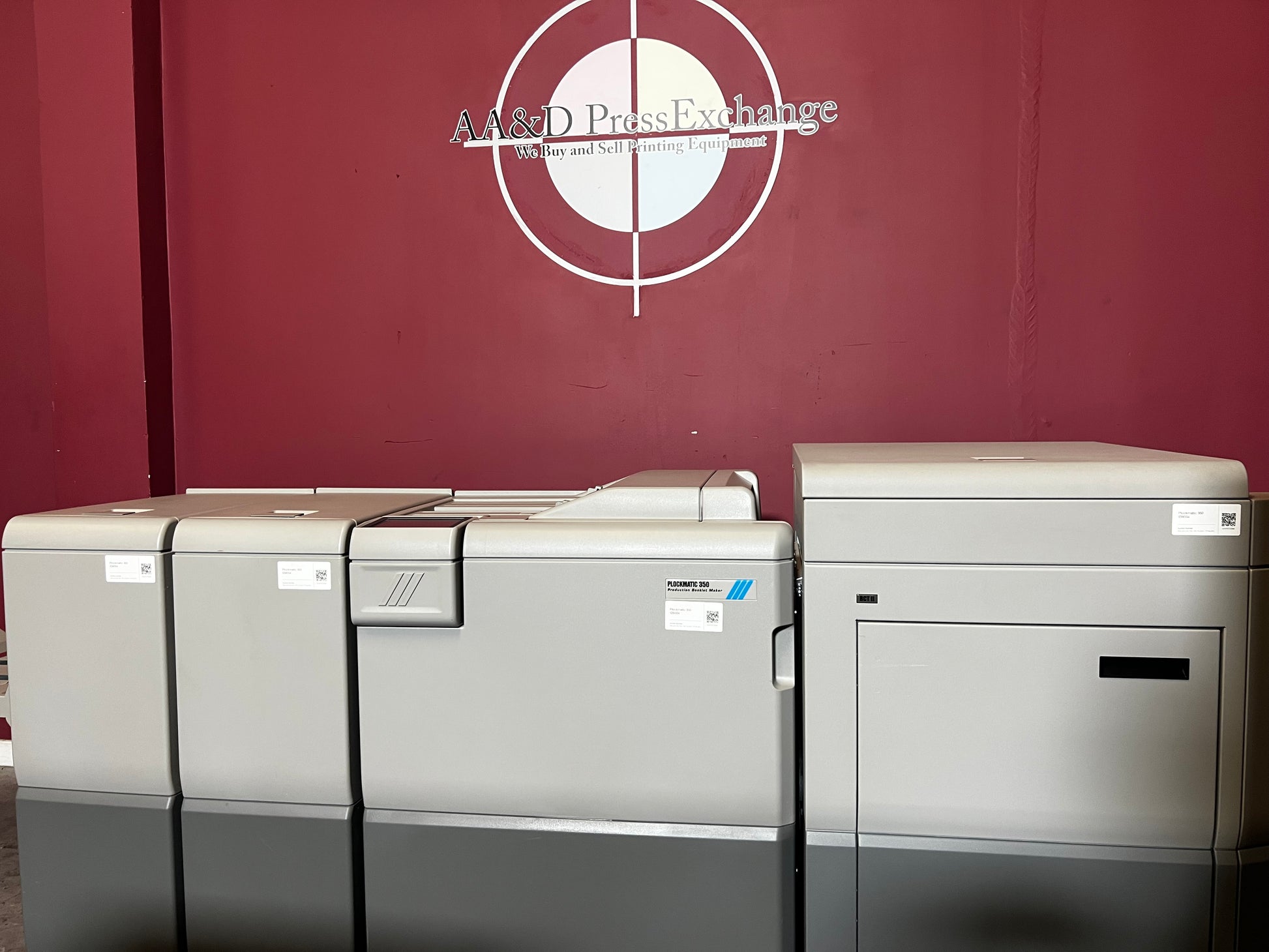 Used Plockmatic 350 70k meter booklet maker showing square back and trimming section – AA&D PressExchange