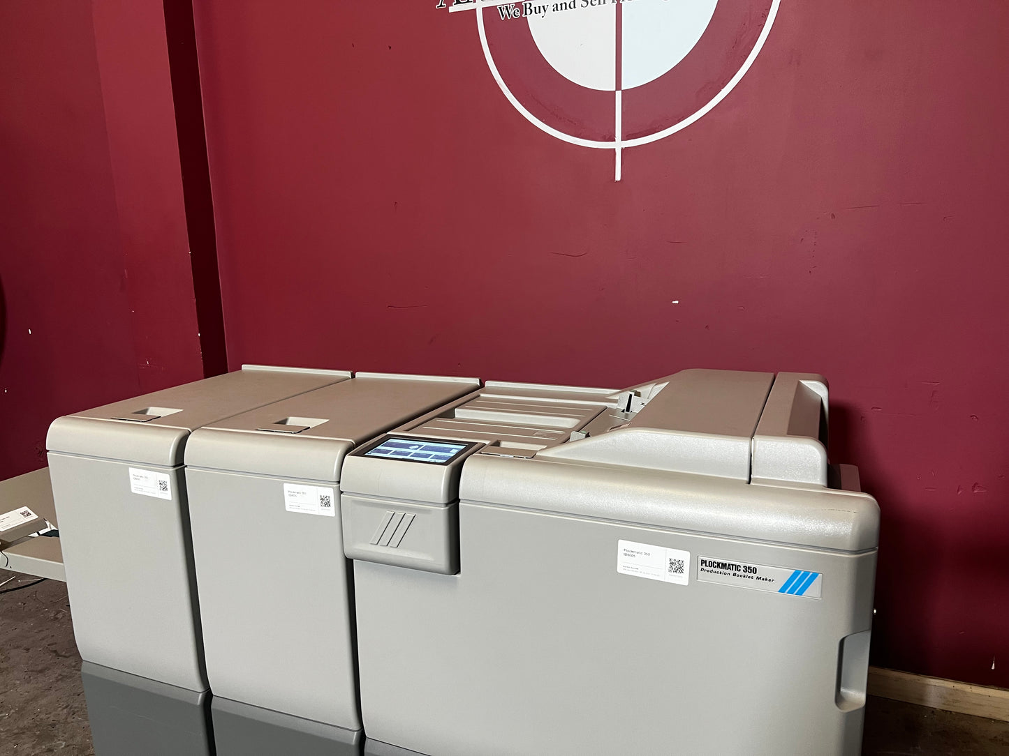 Used Plockmatic 350 64k meter booklet maker top-down view of square back trim unit – AA&D PressExchange