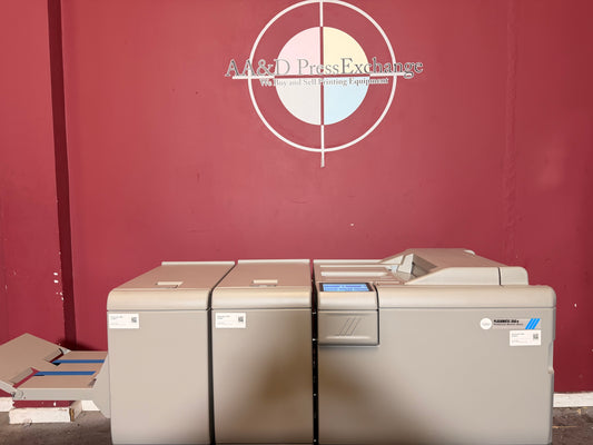 Used Plockmatic 350e booklet maker 173k meter front view high speed finishing system