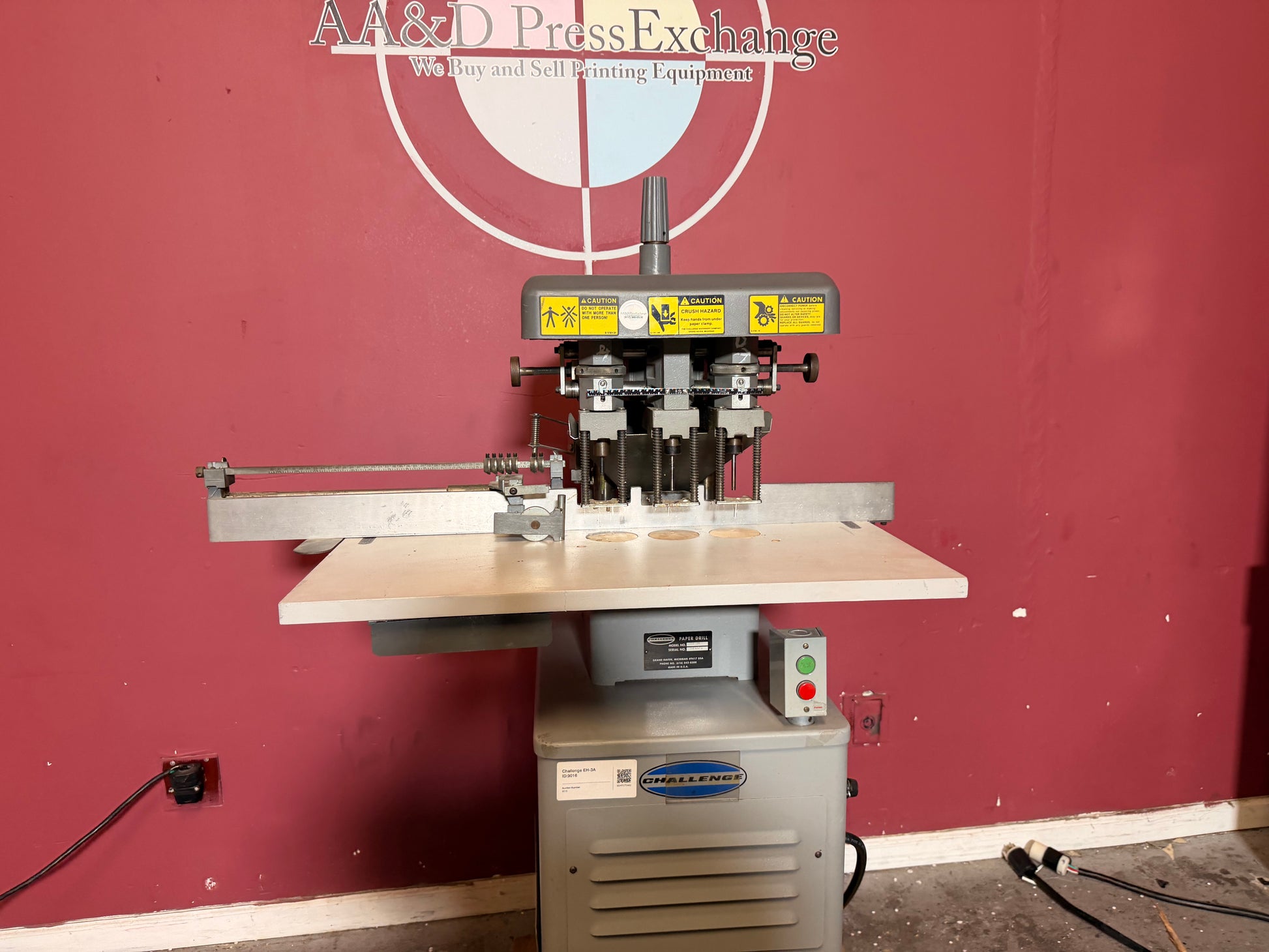 Used Challenge EH-3A Paper Drill front view heavy-duty 3 spindle hydraulic machine