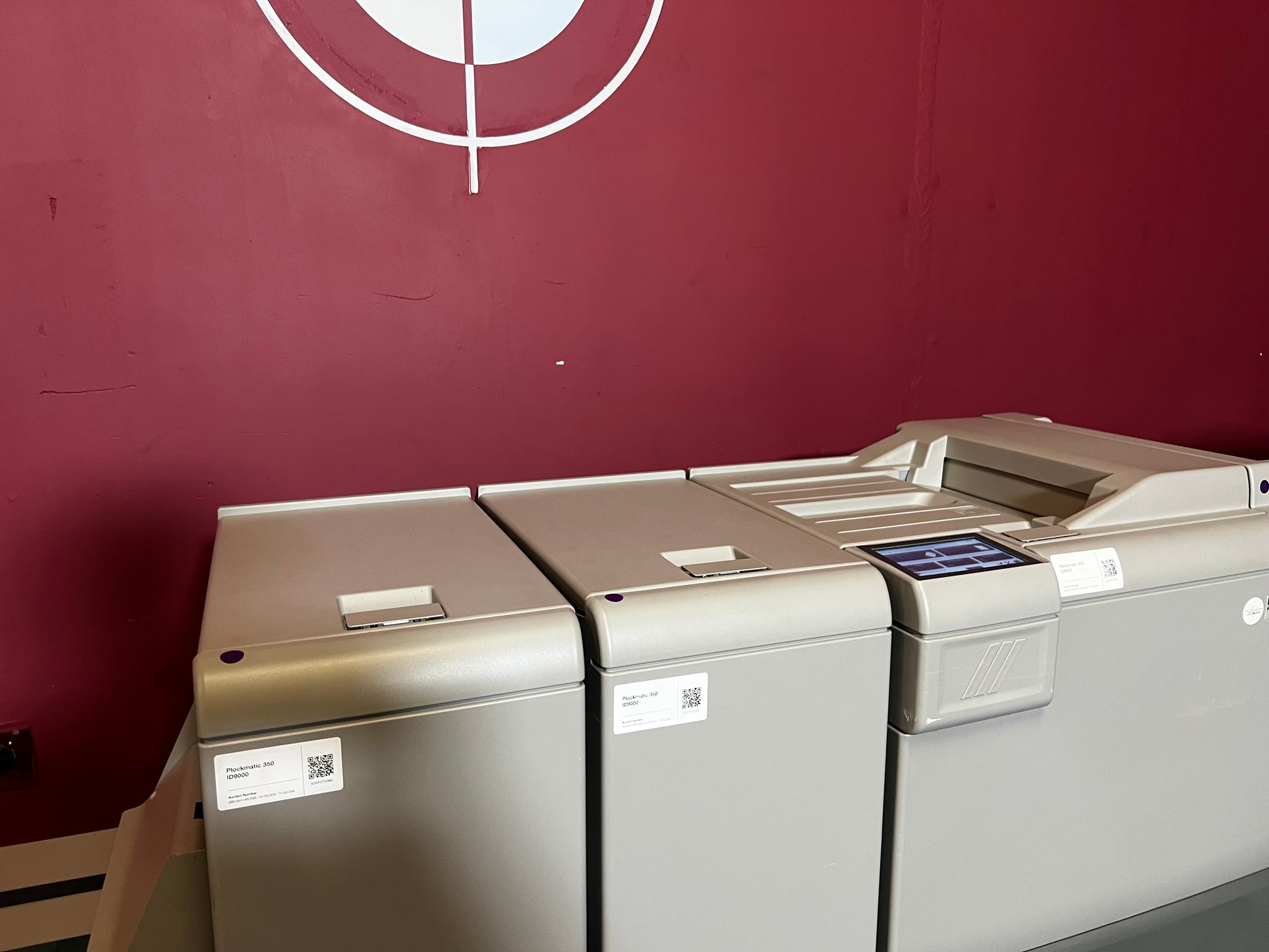 Used Plockmatic 350 90k booklet maker showing saddle-stitch module and square back section – AA&D PressExchange