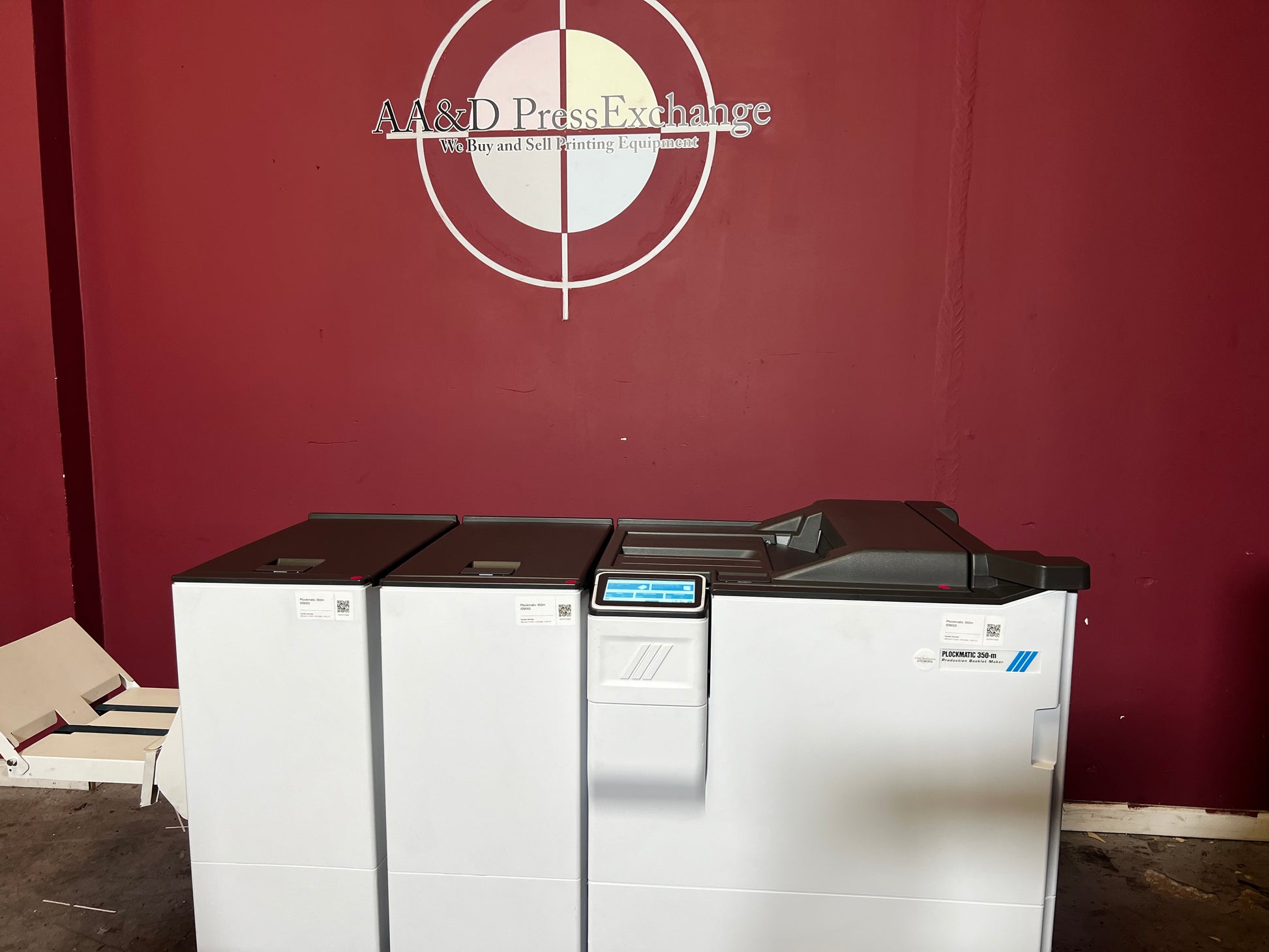 Used Plockmatic 350-M 85k meter booklet maker top-down view of stitching section – AA&D PressExchange