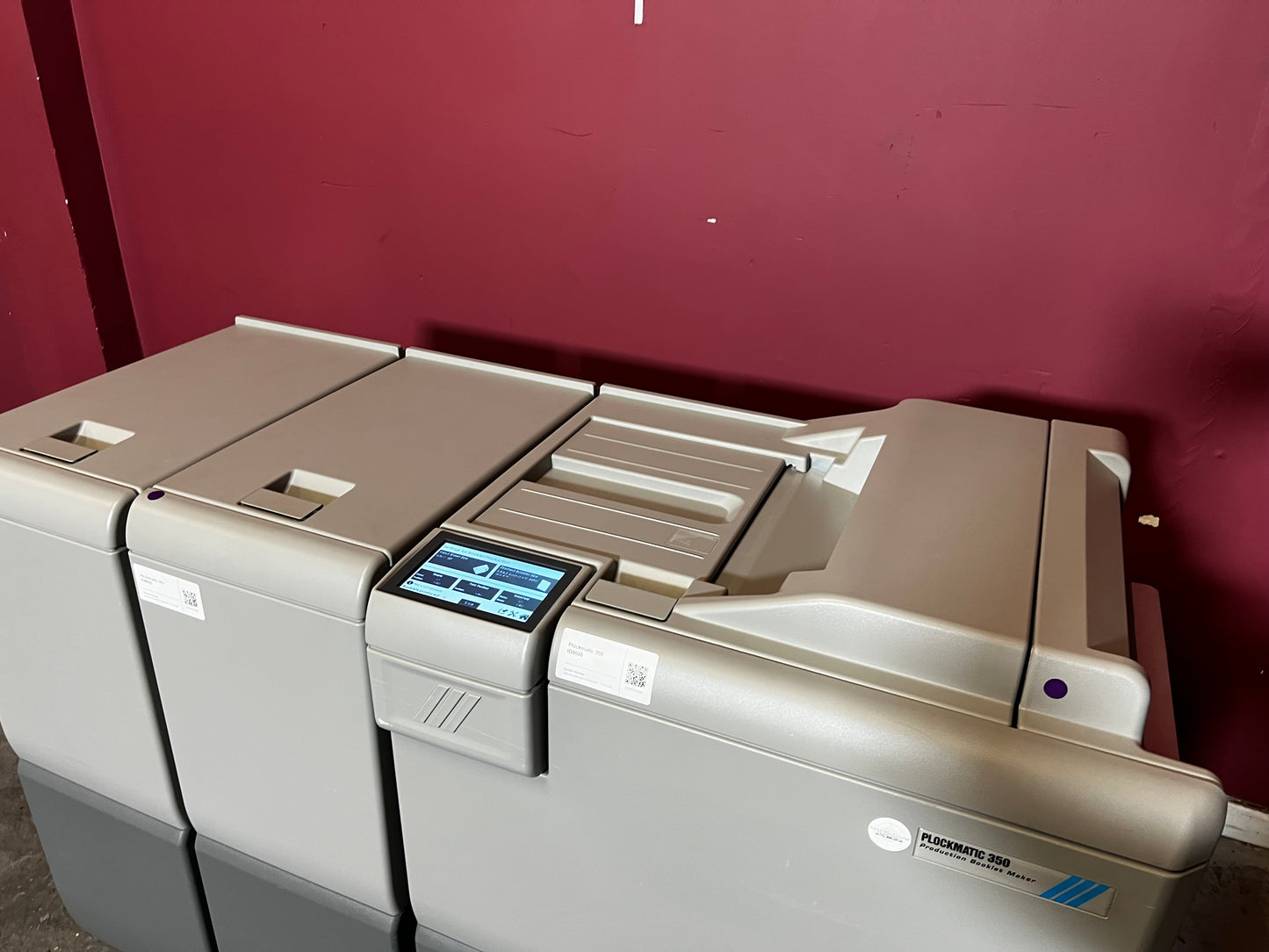 Used Plockmatic 350 90k booklet maker rear view showing modular connections – AA&D PressExchange