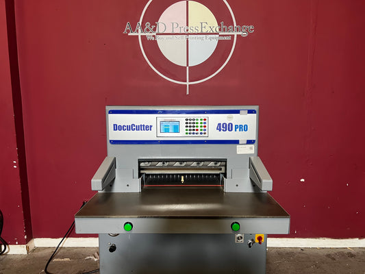 AA&D PressExchange Used Duplo 490 PRO hydraulic paper cutter front view with touchscreen control panel