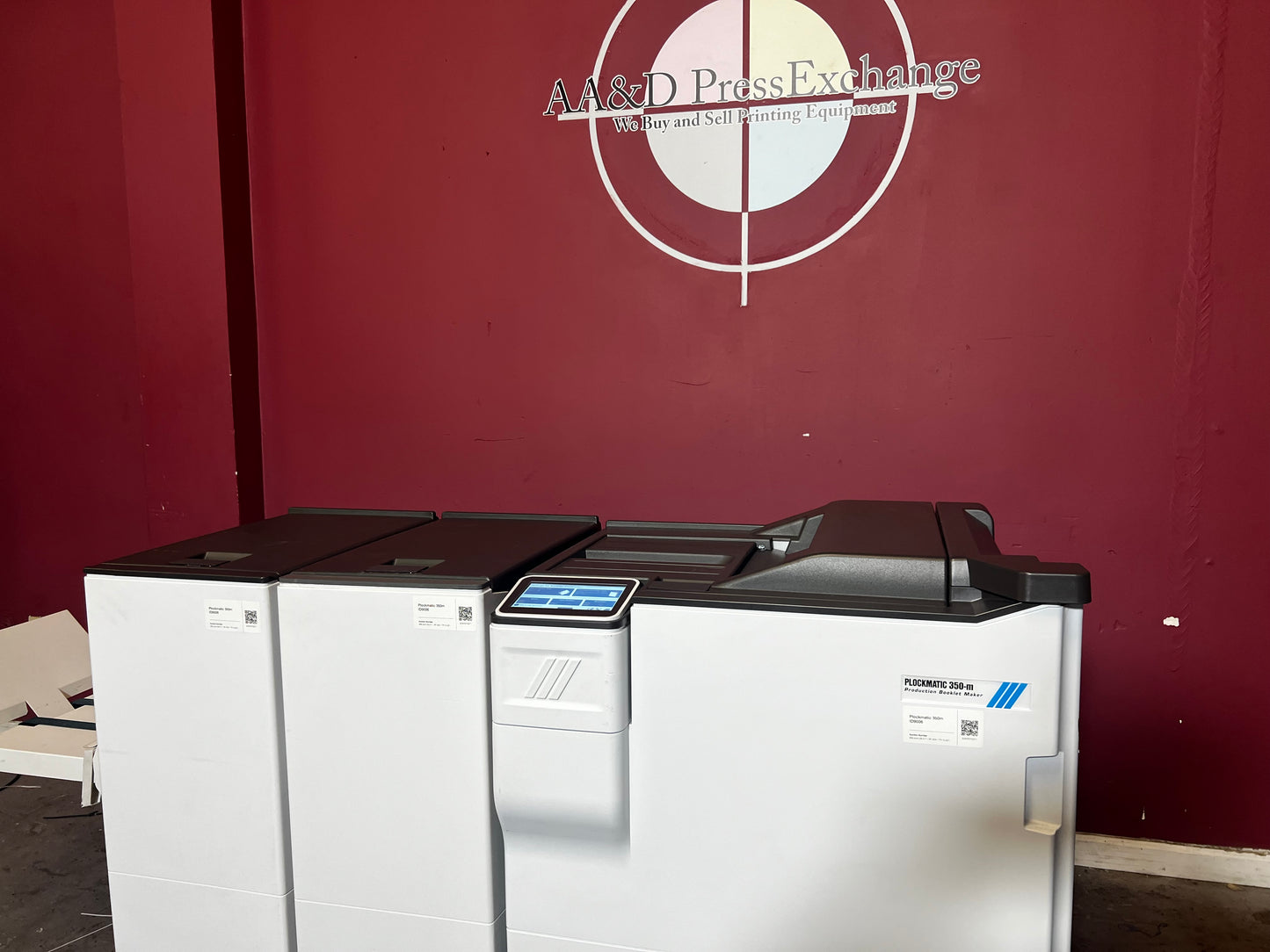 Used Plockmatic 350-M booklet maker 28k meter rear view of booklet production workflow – AA&D PressExchange