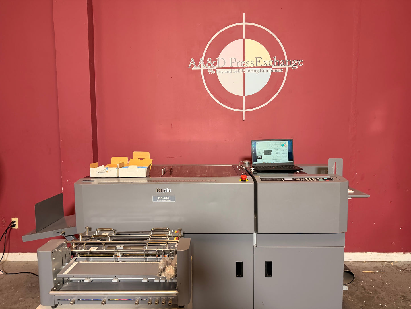 Used Duplo DC-746 Slitter Cutter Creaser output tray for finished sheets