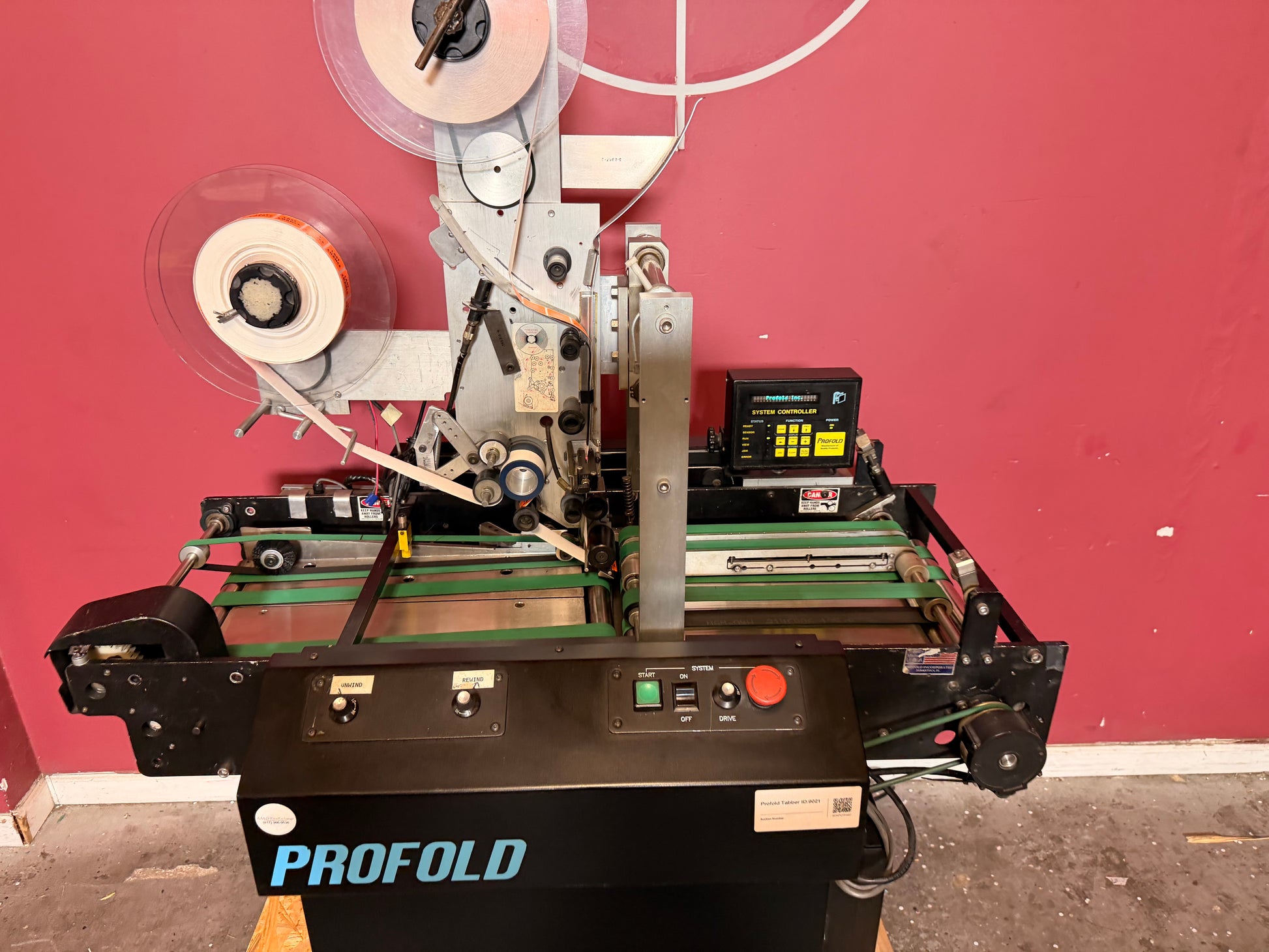 Used Profold tabbing machine label and stamp applicator system for versatile mailing use