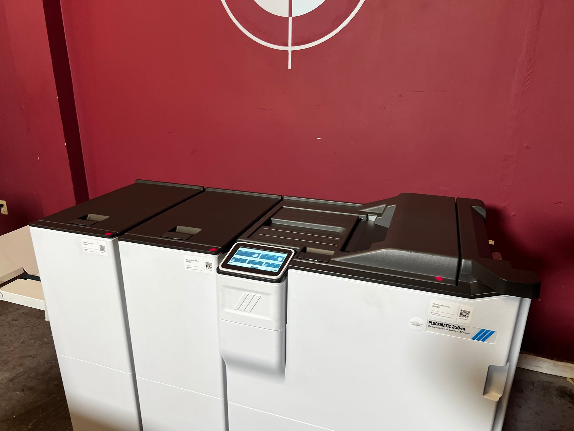 Used Plockmatic 350-M 85k meter booklet maker front/side view highlighting fold and trim unit – AA&D PressExchange