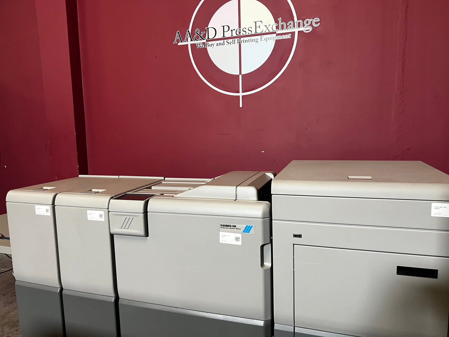 Used Plockmatic 350 70k meter booklet maker rear angle showing inline feeding system – AA&D PressExchange