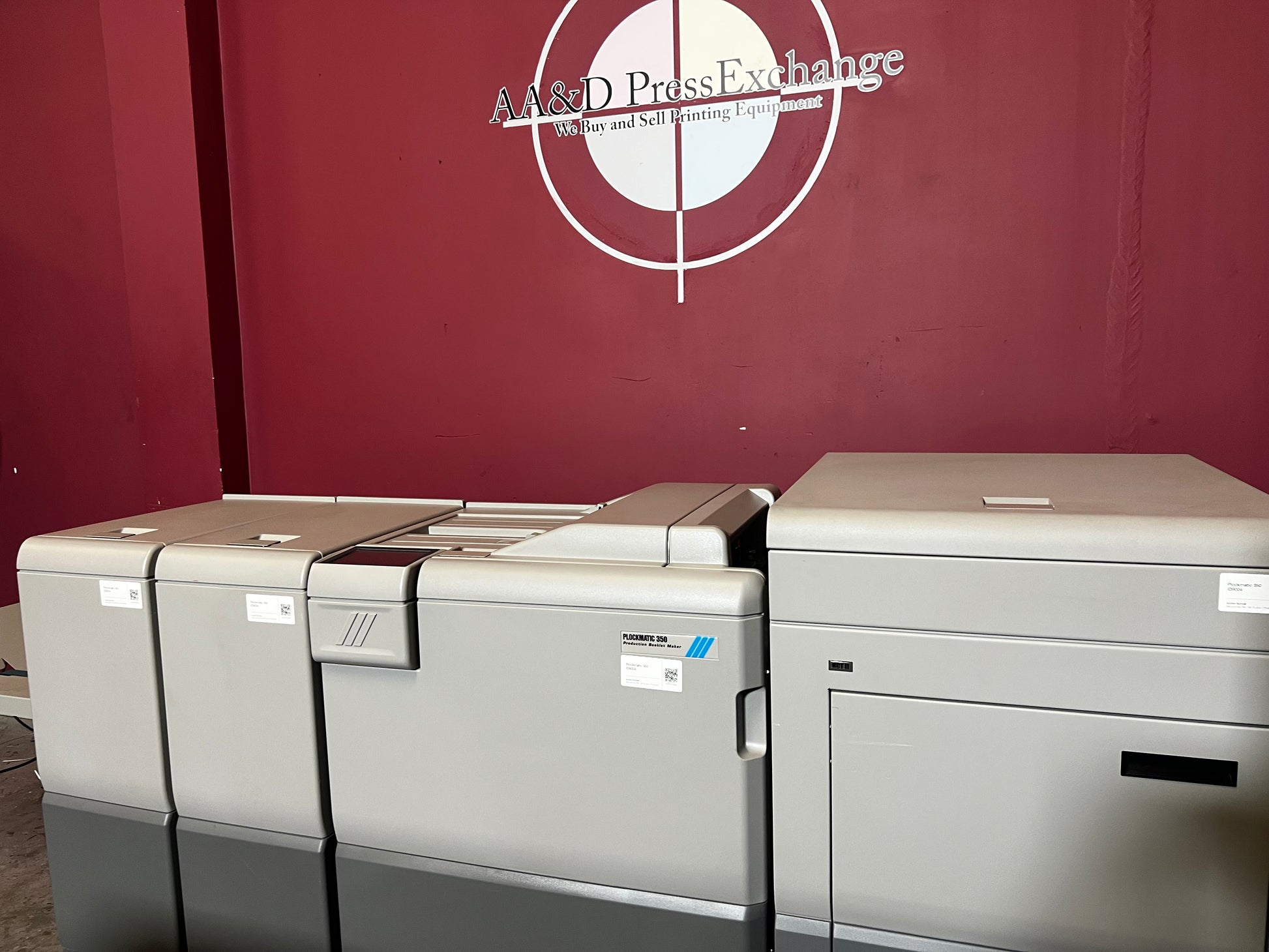 Used Plockmatic 350 70k meter booklet maker rear angle showing inline feeding system – AA&D PressExchange