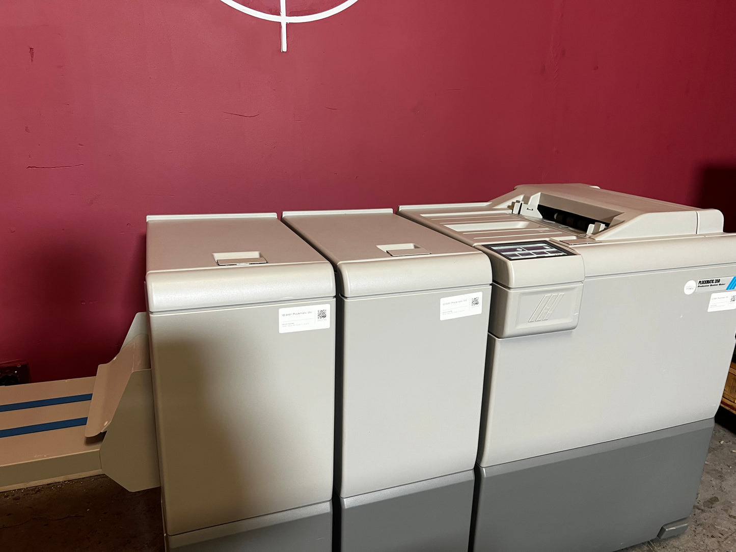 Used Plockmatic 350 bookletmaker LOW METER 167k front view with stitch, fold, square back and trim features – AA&D PressExchange