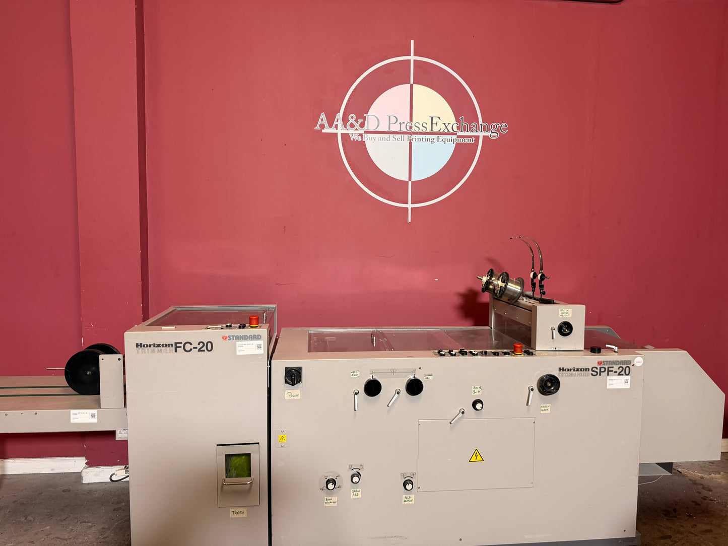 Used Horizon SPF-20 stitcher folder with FC-20 face trimmer close view