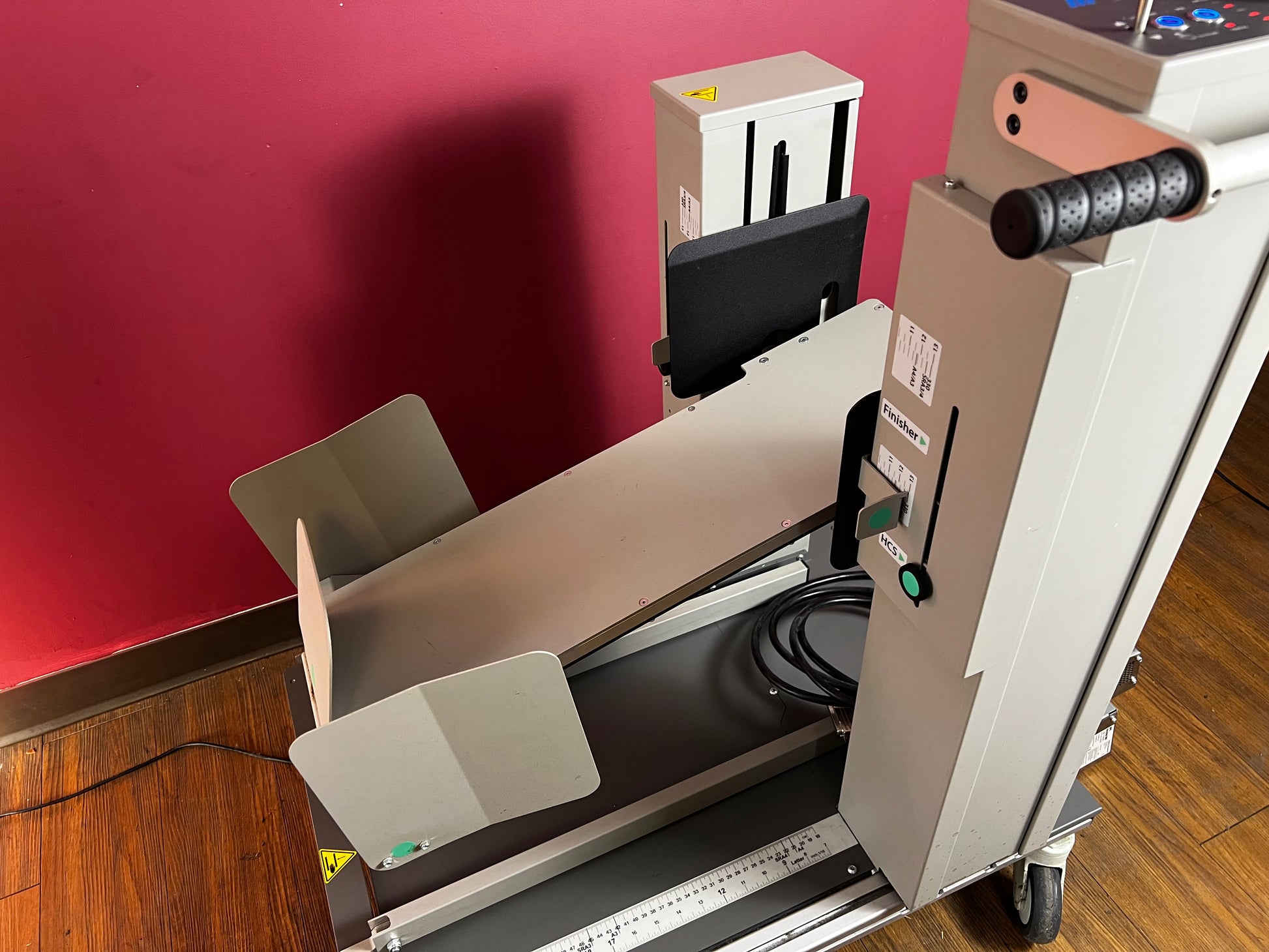 Used Plockmatic MPS Multi-Purpose Stacker in digital print line, showing link to finishing devices – AA&D PressExchange