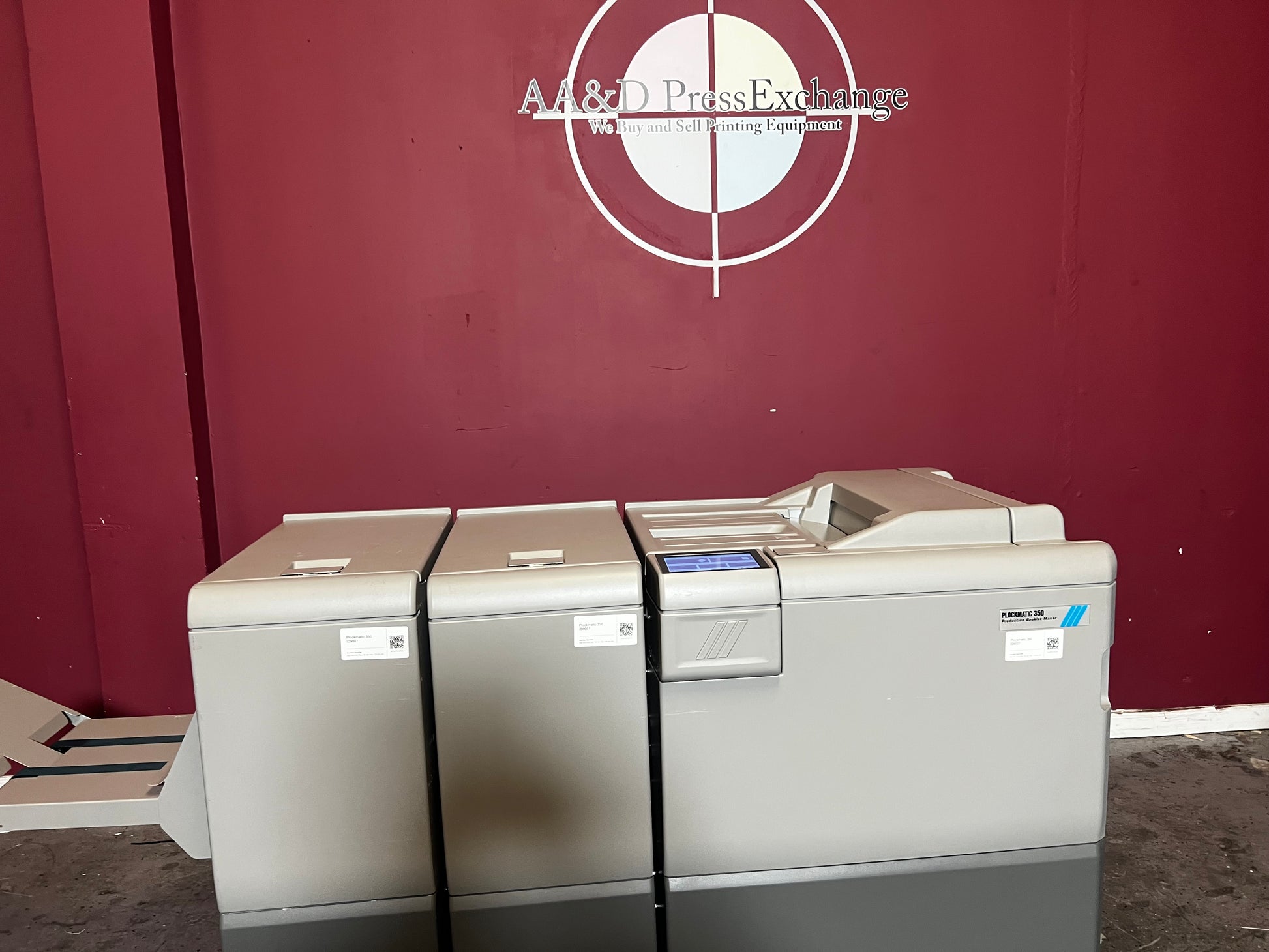 Used Plockmatic 350 booklet maker 60k meter showing square back output and trim feature – AA&D PressExchange