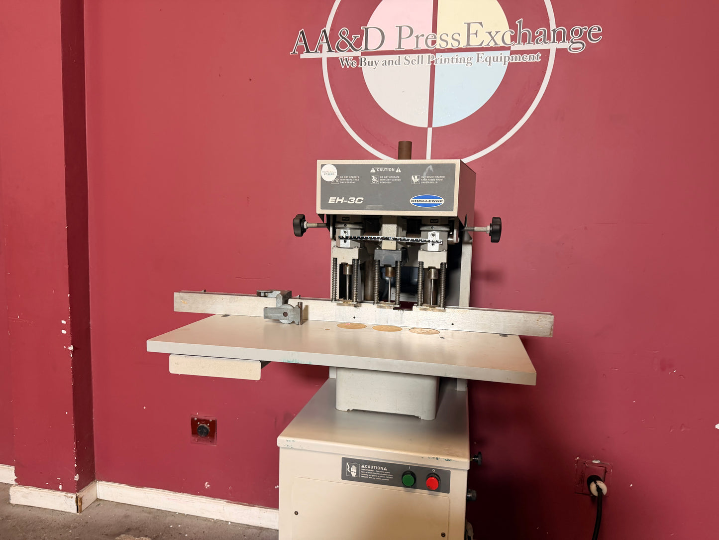 Used Challenge EH-3C Paper Drill side view showing 3 hole drilling configuration