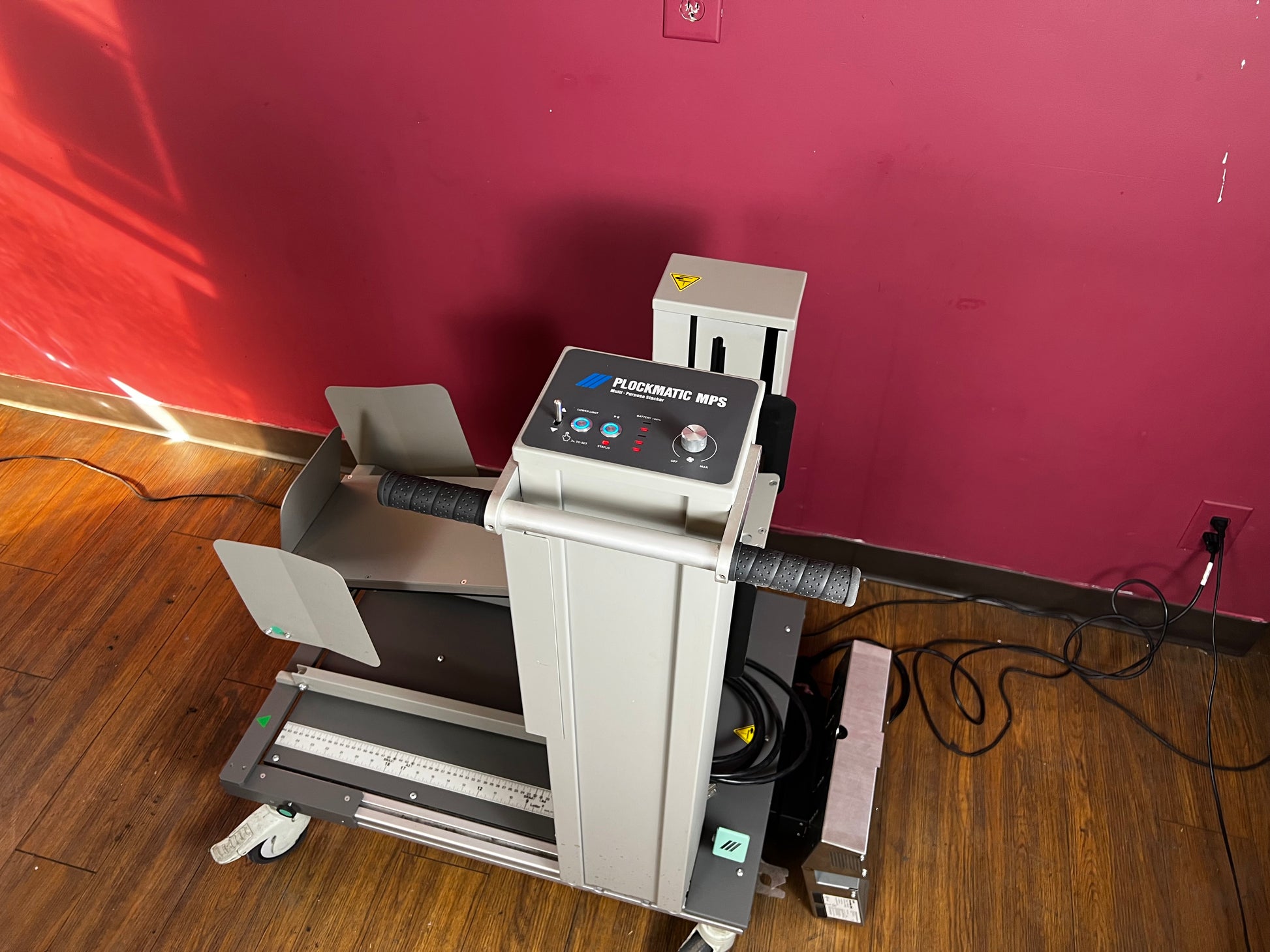 Used Plockmatic MPS Multi-Purpose Stacker front view showing paper stacking unit – AA&D PressExchange