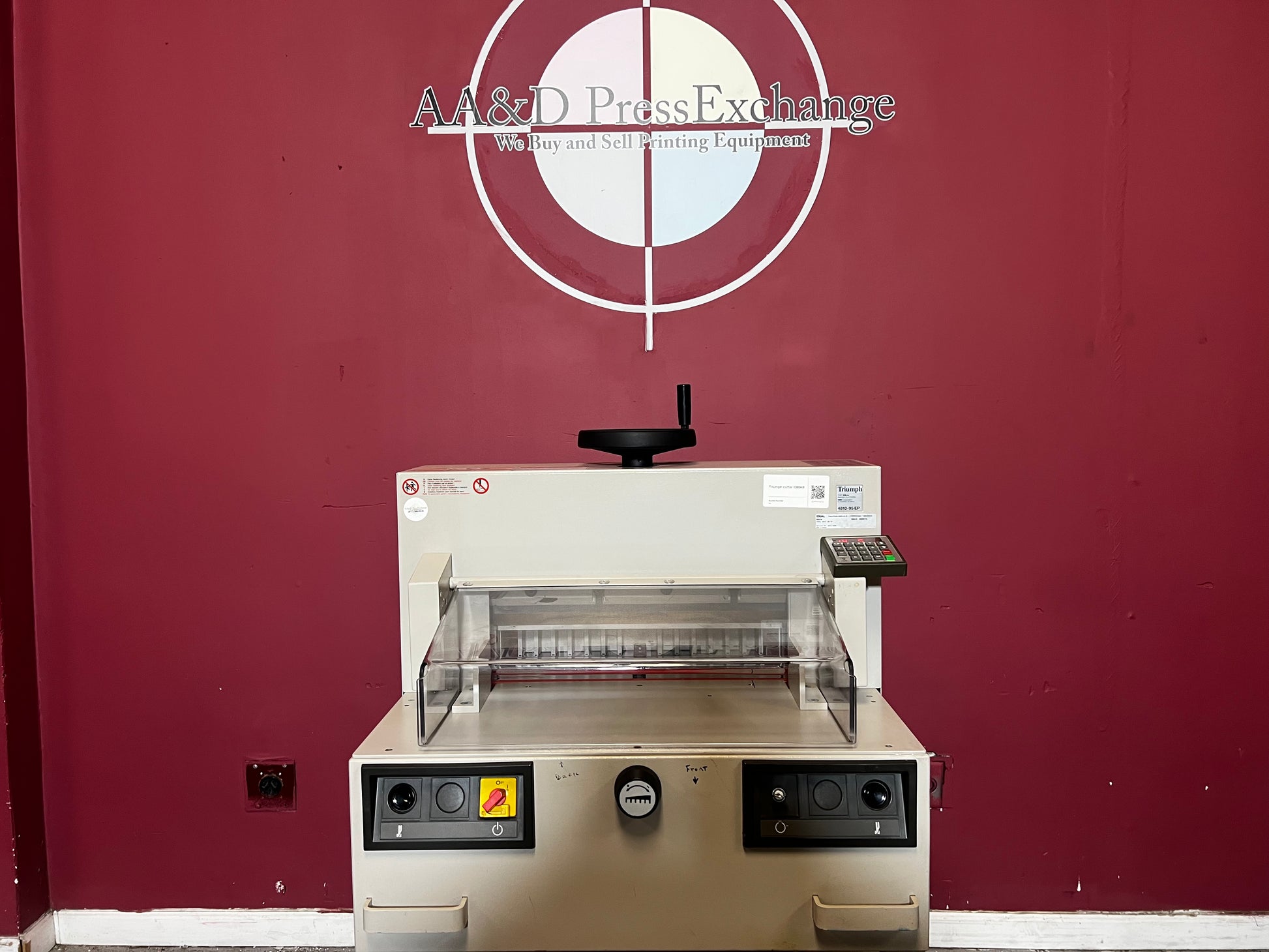 Used Triumph 4810-95EP paper cutter front/angled view highlighting cutting surface – AA&D PressExchange