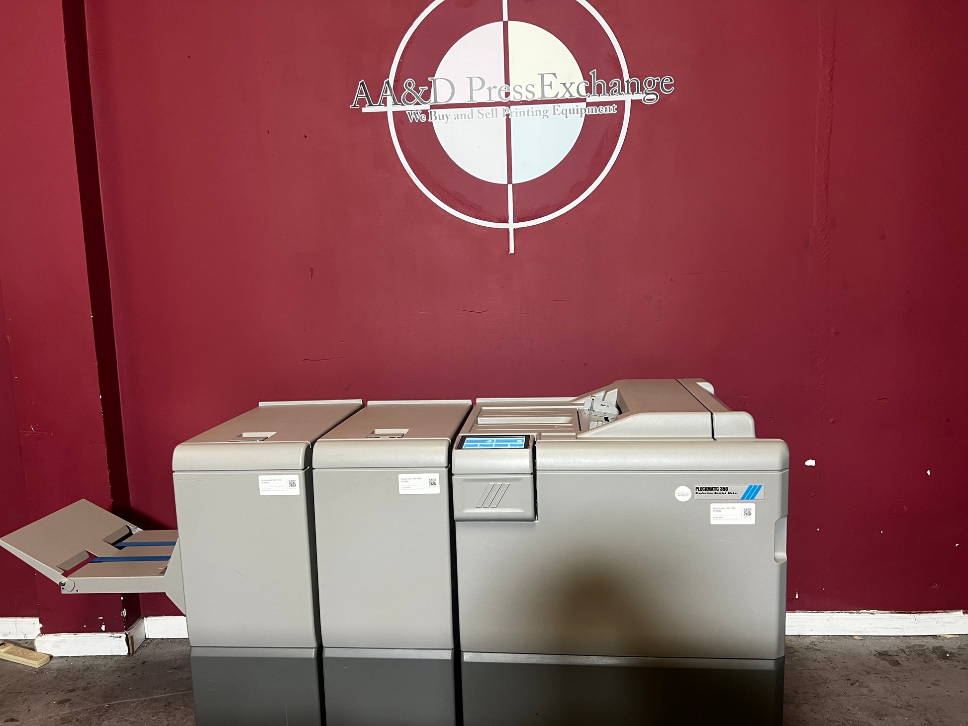 Used Plockmatic 350 bookletmaker 136k front view showing stitch, fold and square back trim features – AA&D PressExchange
