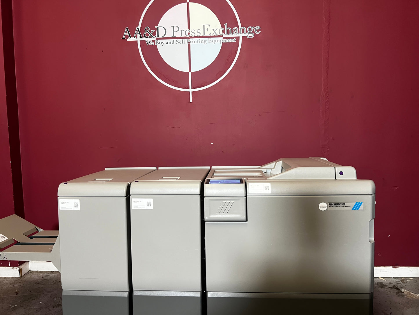 Used Plockmatic 350 90k booklet maker side view showing modular inline configuration – AA&D PressExchange