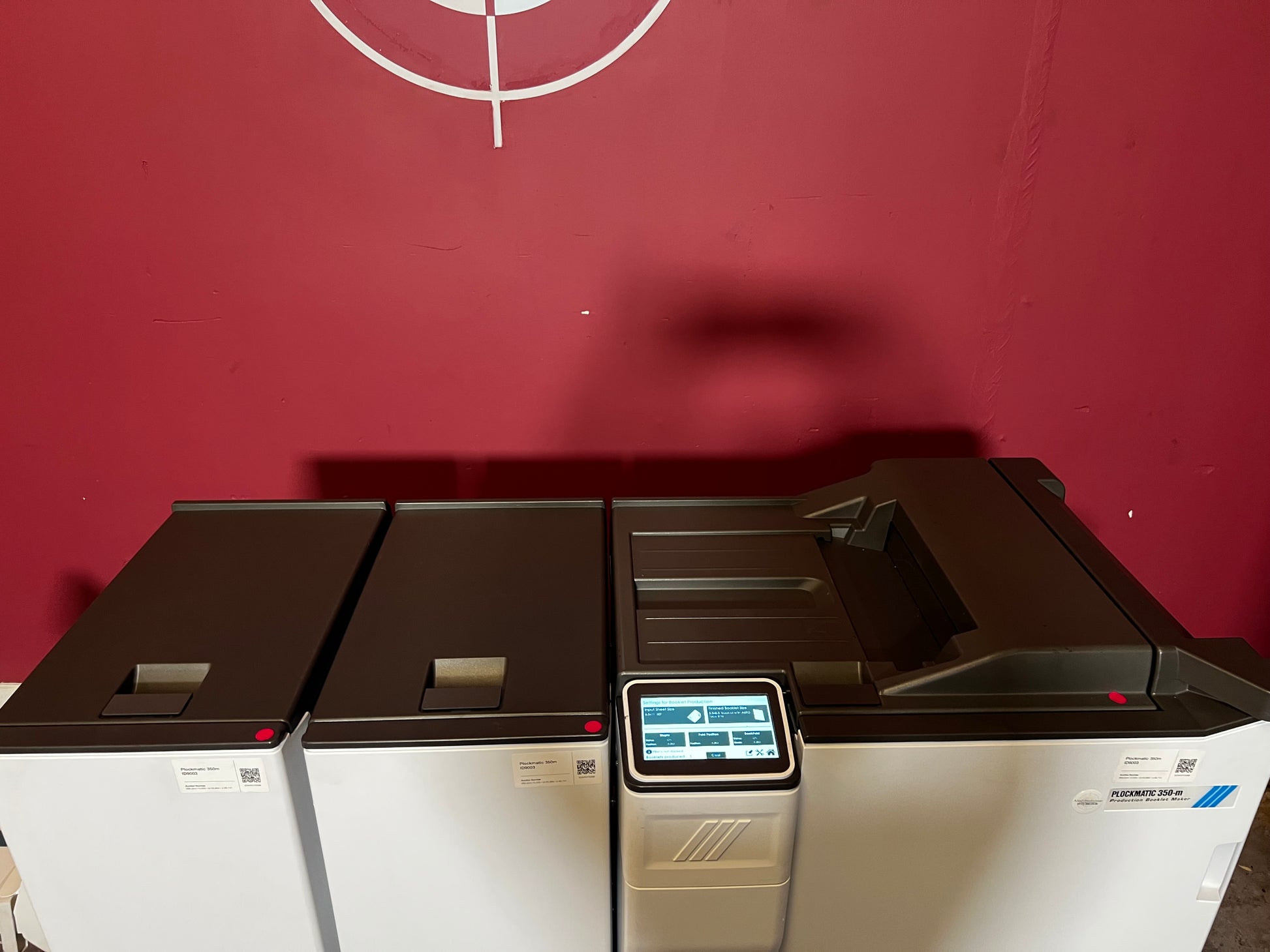 Used Plockmatic 350-M 85k meter booklet maker side view connected in-line with printer – AA&D PressExchange