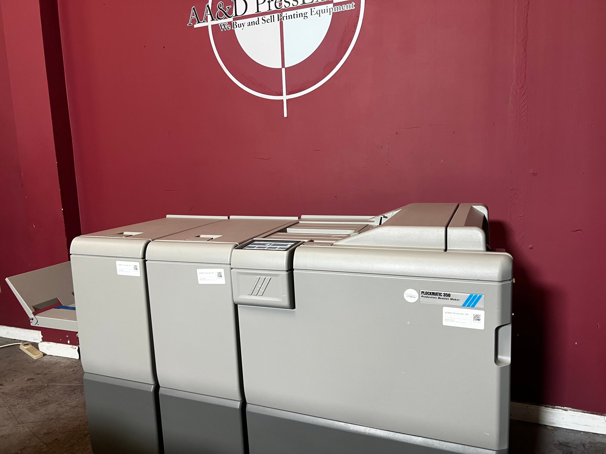 Used Plockmatic 350 bookletmaker LOW METER 167k front/side view showing folding and stitching functions – AA&D PressExchange
