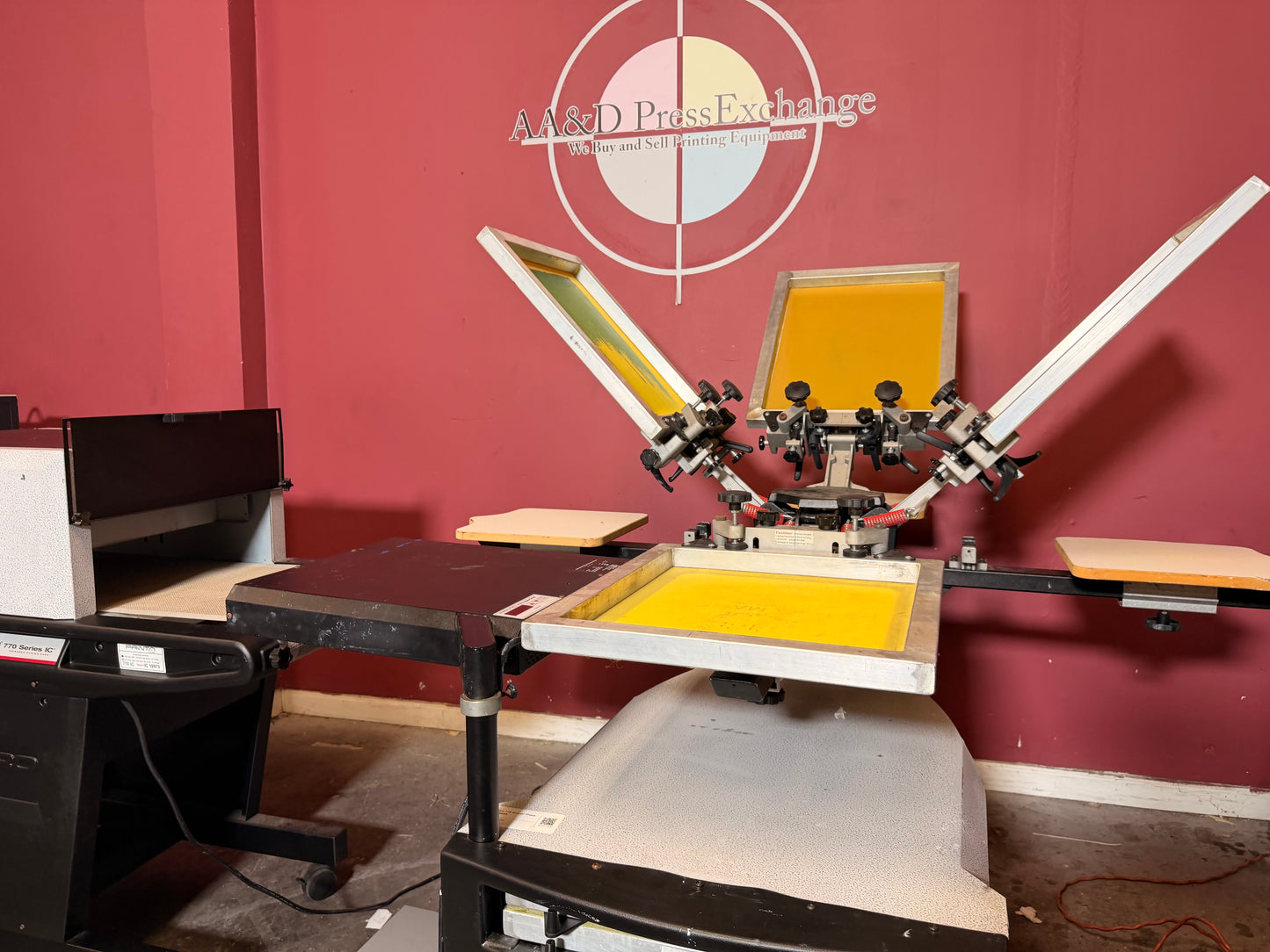 Used Printa 770 Screen Printer close-up of print heads and squeegee area – AA&D PressExchange