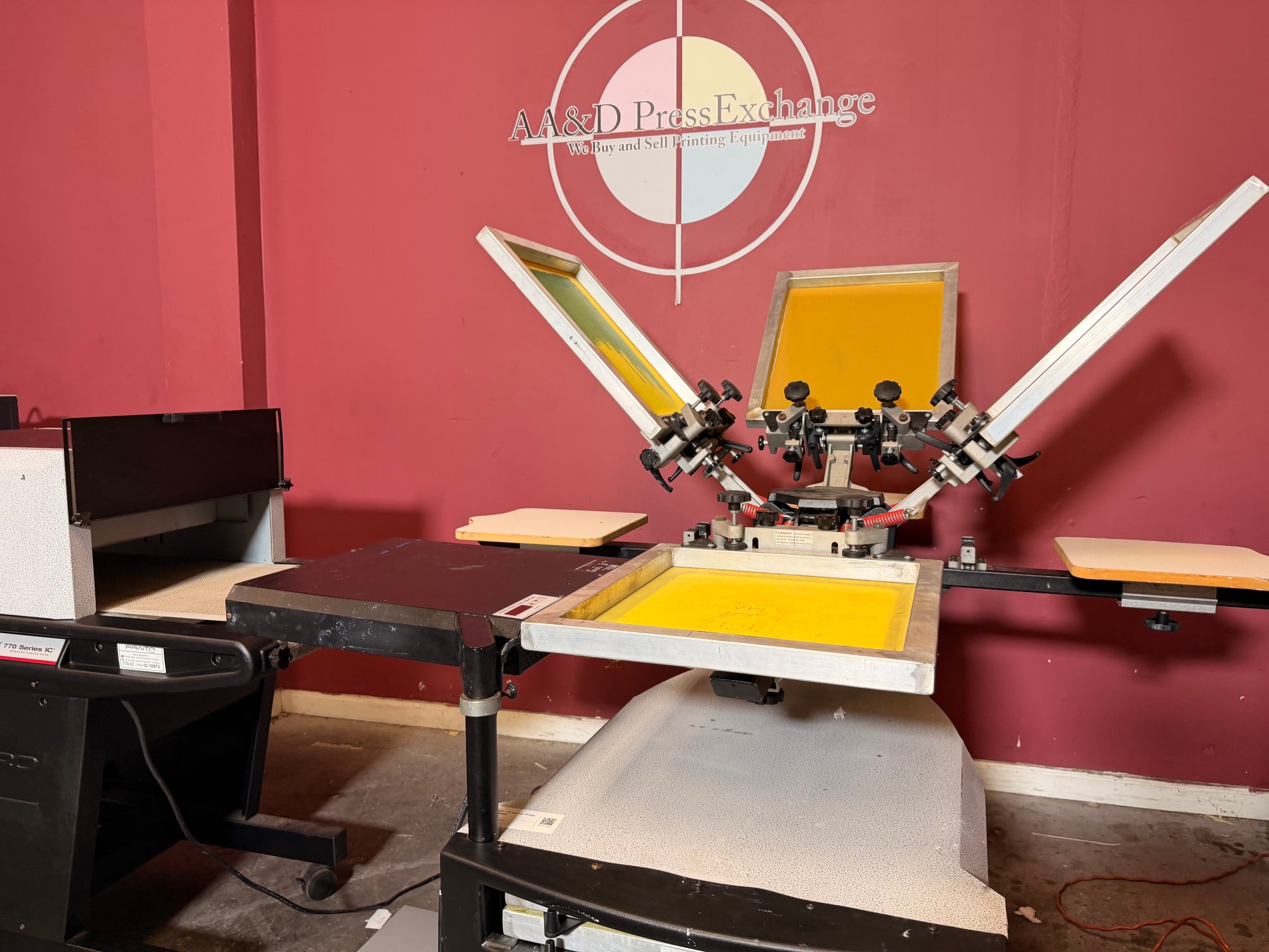 Used Printa 770 Screen Printer close-up of print heads and squeegee area – AA&D PressExchange