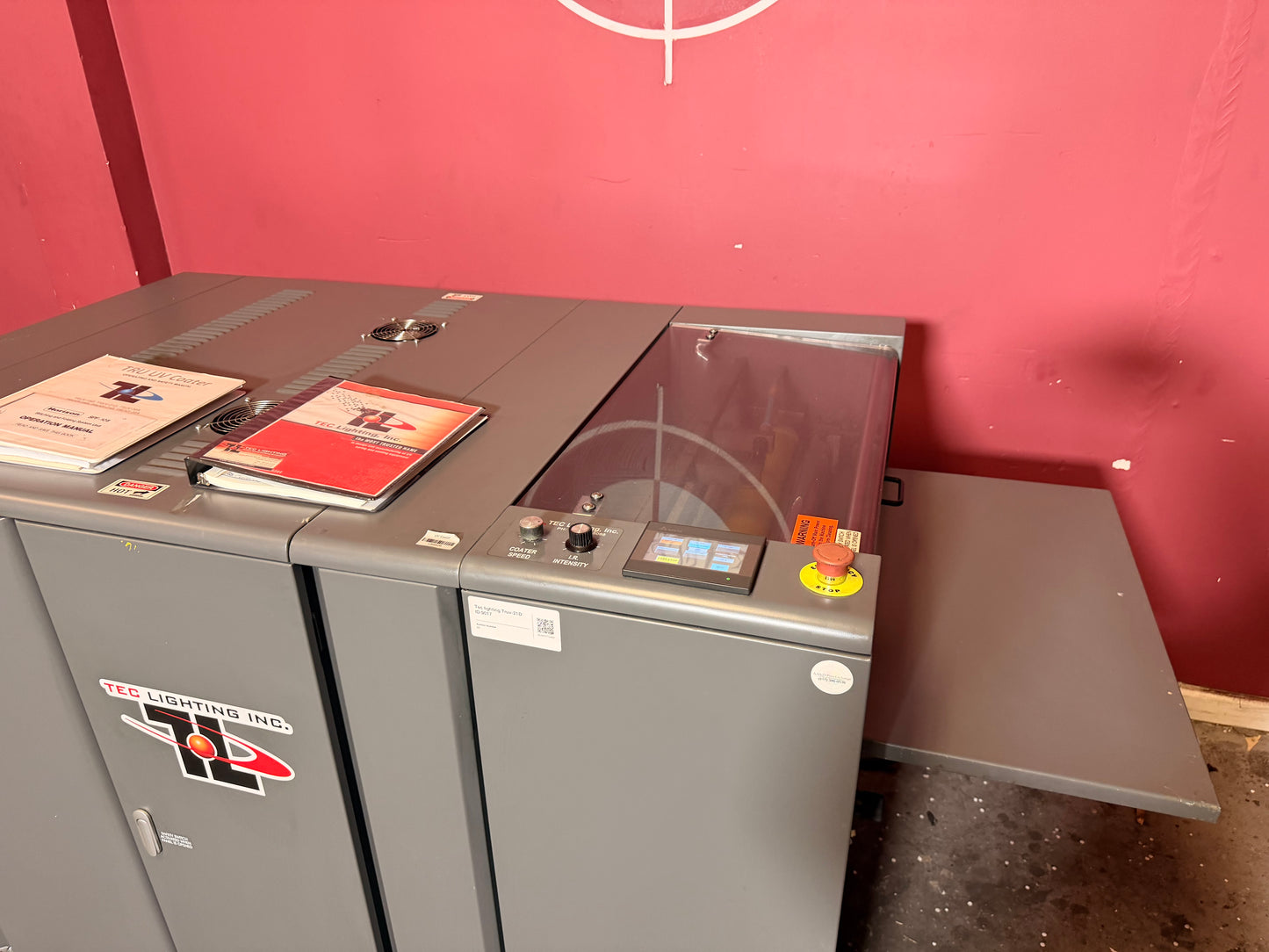 Used Tec Lighting Truv-21D UV Coater output area for coated sheets