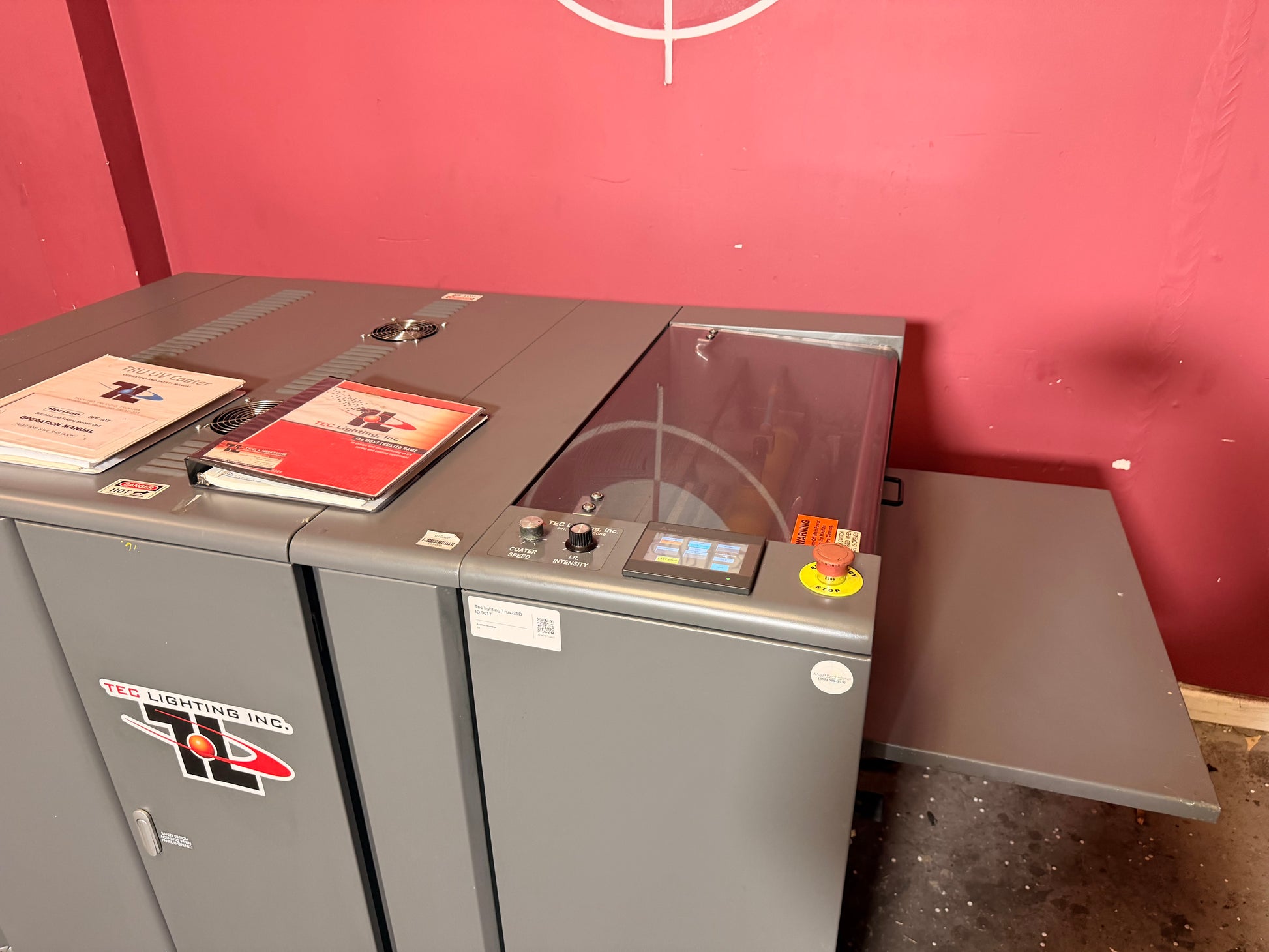 Used Tec Lighting Truv-21D UV Coater output area for coated sheets