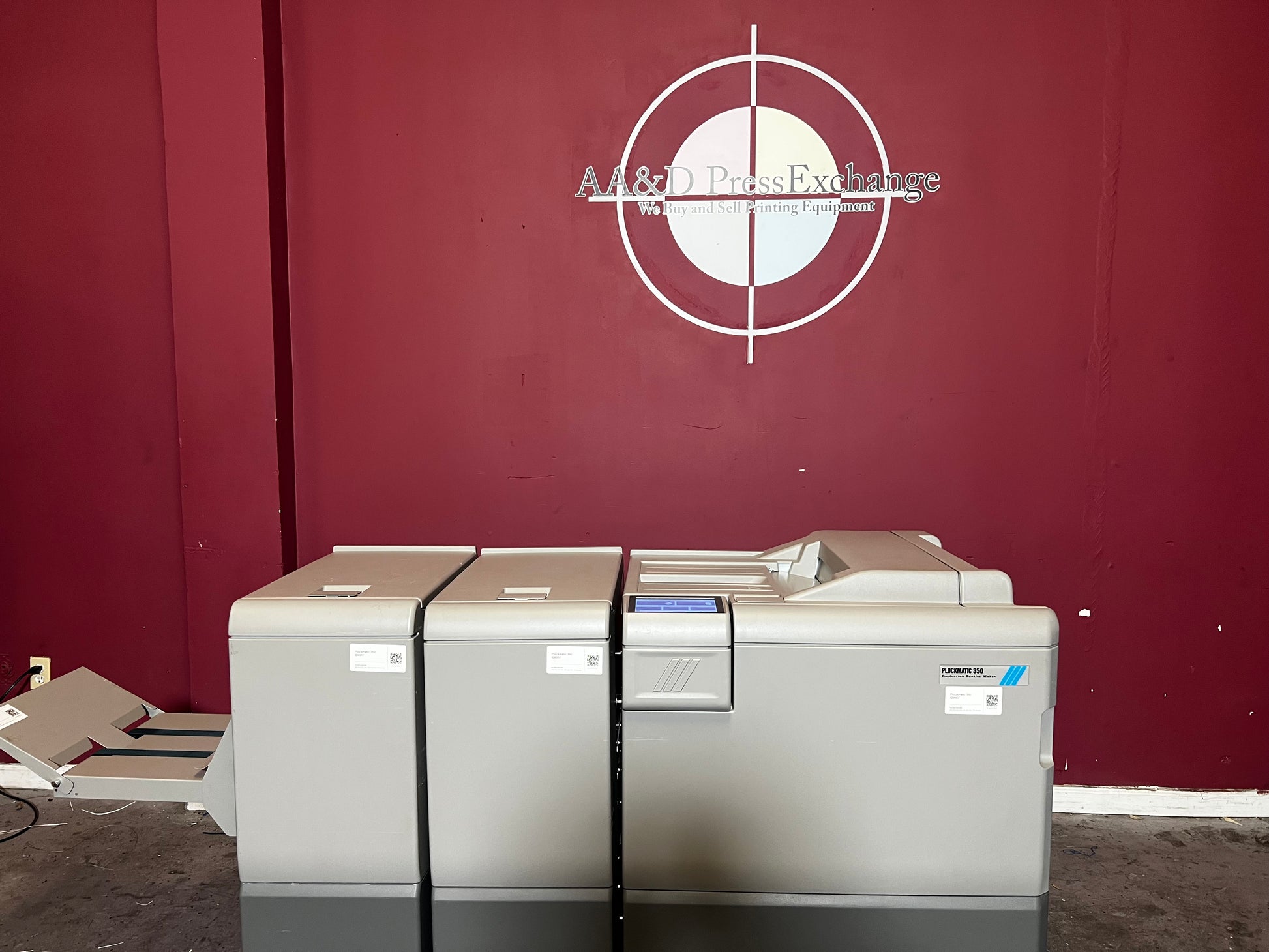 Used Plockmatic 350 booklet maker 60k meter rear view in commercial booklet-making setup – AA&D PressExchange