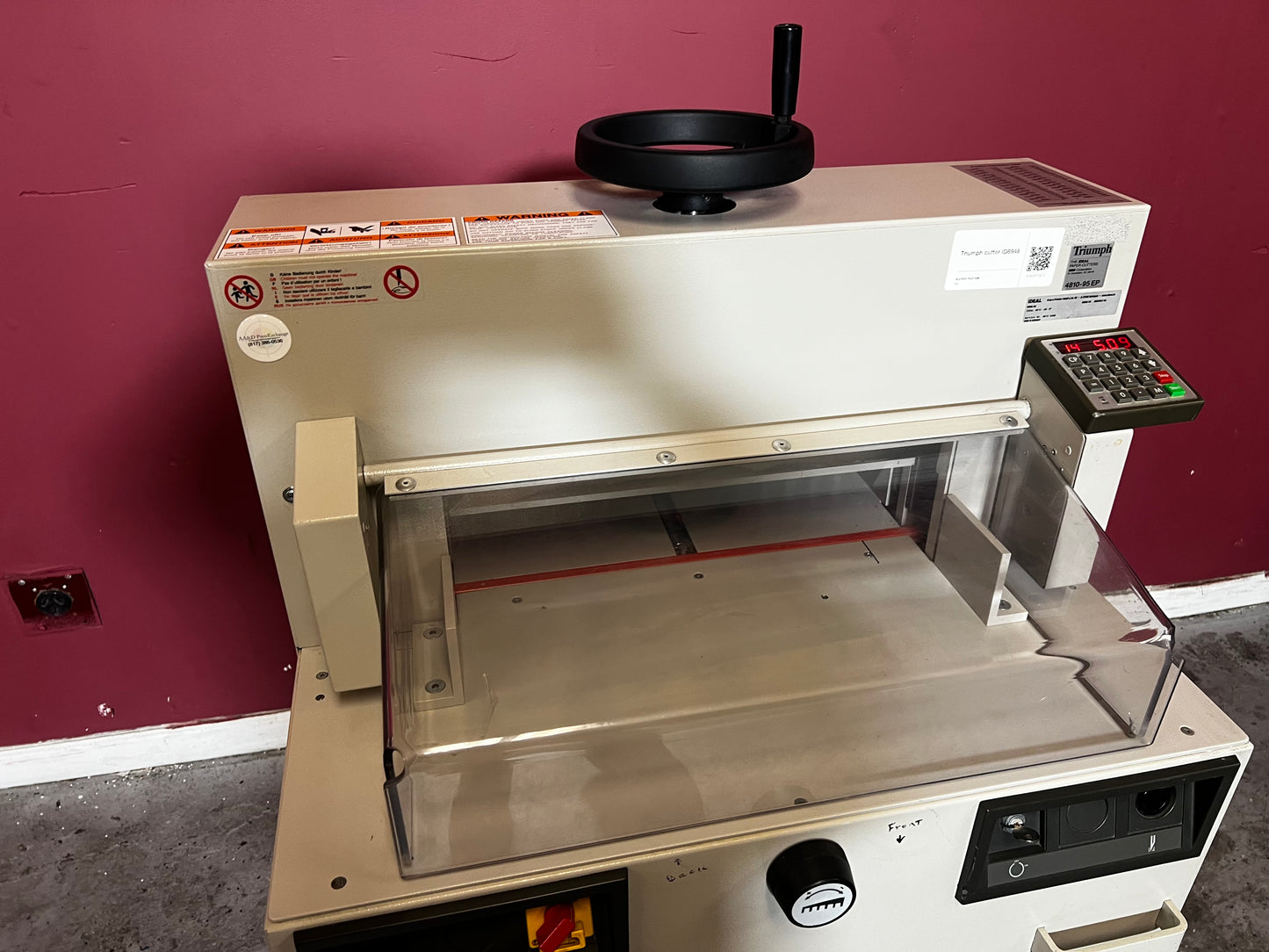 Used Triumph 4810-95EP paper cutter close-up of control interface and cutting settings – AA&D PressExchange