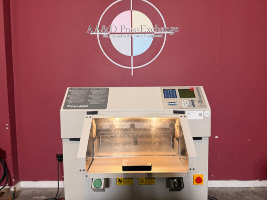 Used Challenge Titan 200 Hydraulic Paper Cutter by AA&D PressExchange, front view showing full machine