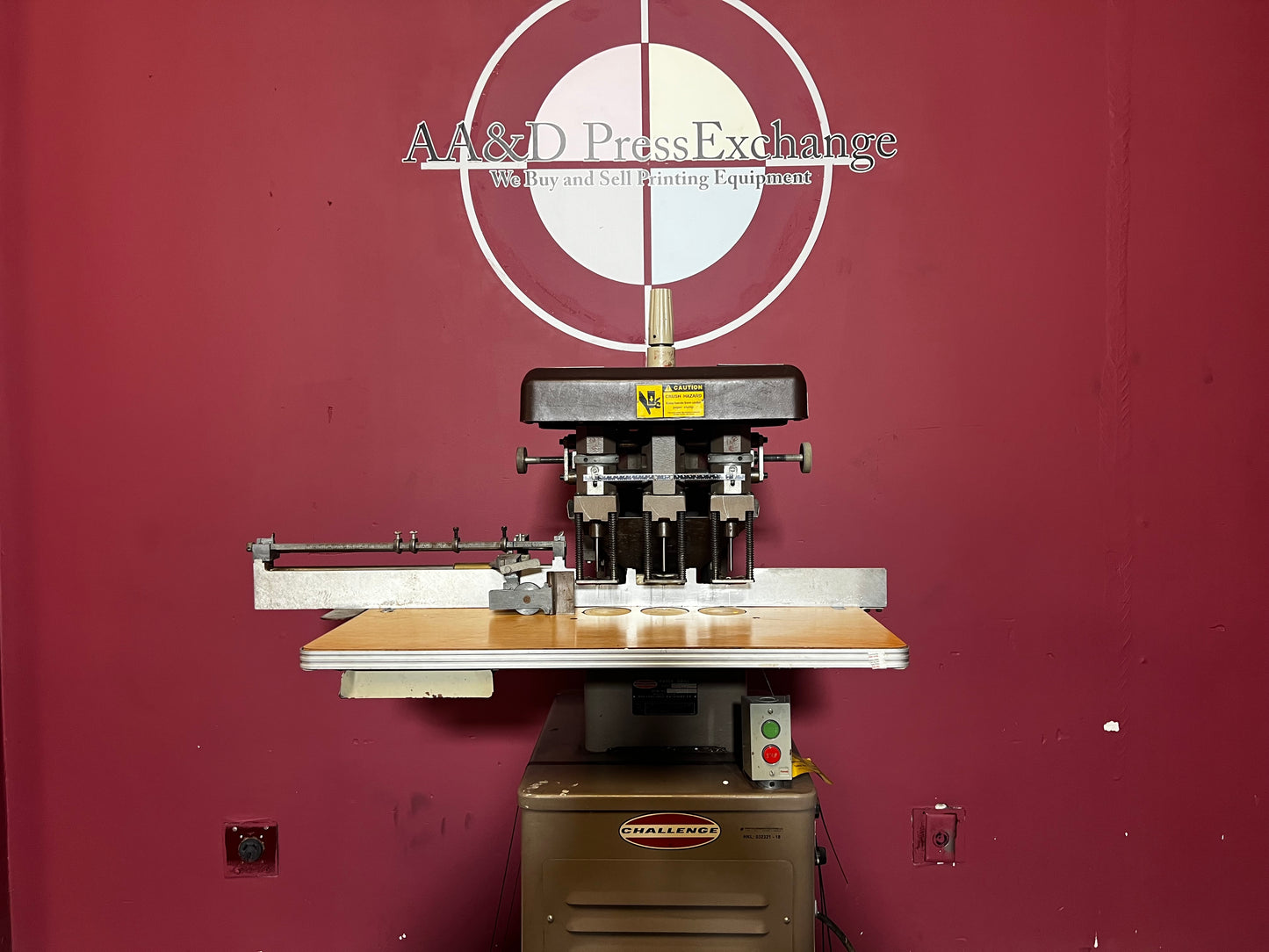 AA&D PressExchange Used Challenge EH-3A Paper Drill, three-spindle system for bindery hole punching.