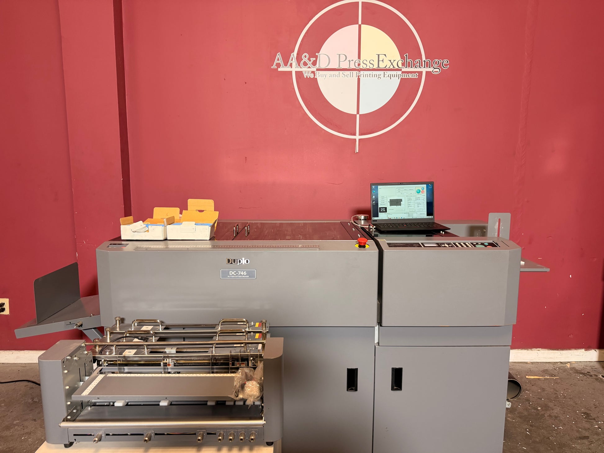 Used Duplo DC-746 Slitter Cutter Creaser front view digital finishing machine