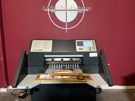 Used Challenge Titan 200C hydraulic paper cutter front view with LED cutting line – AA&D PressExchange