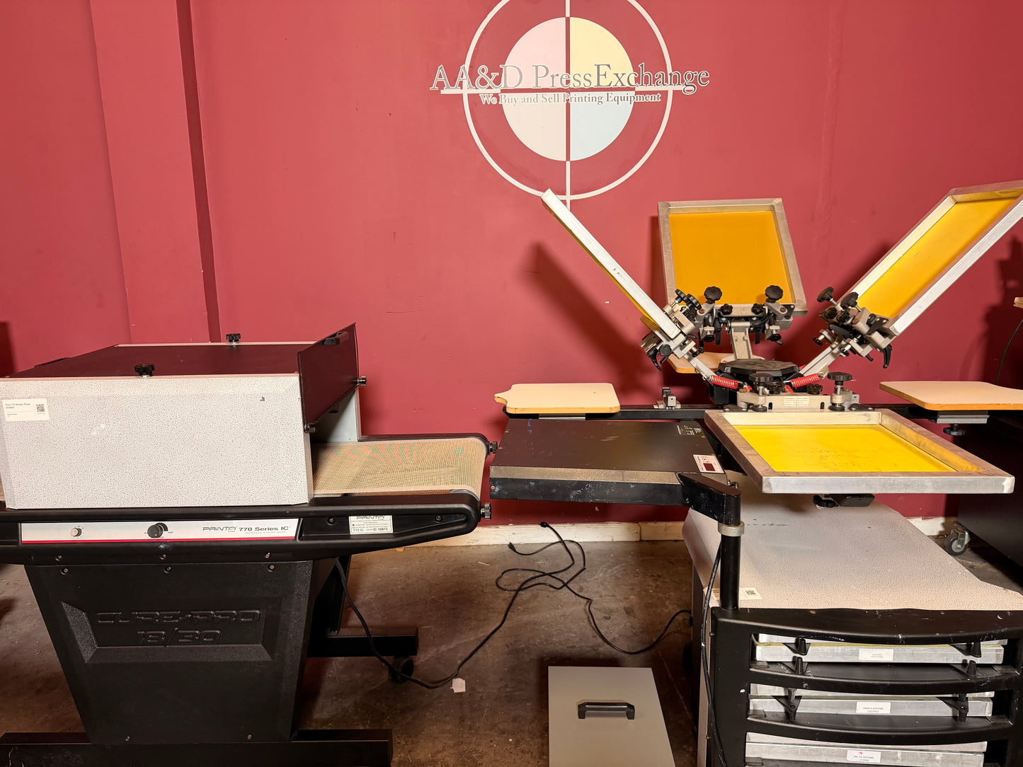 Used Printa 770 Screen Printer angled view highlighting compact footprint design – AA&D PressExchange