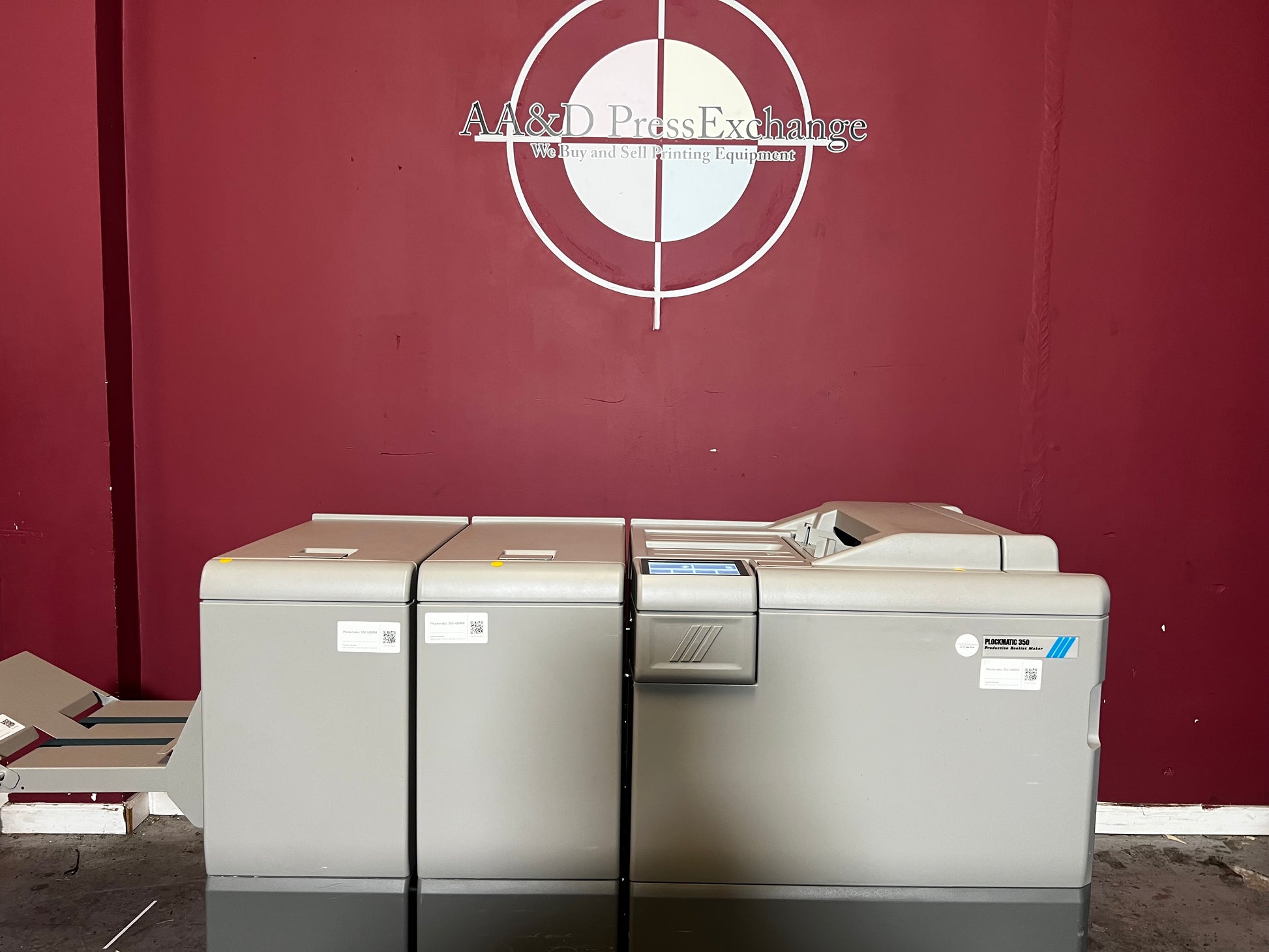 Used Plockmatic 350 200k meter booklet maker front view in production environment – AA&D PressExchange